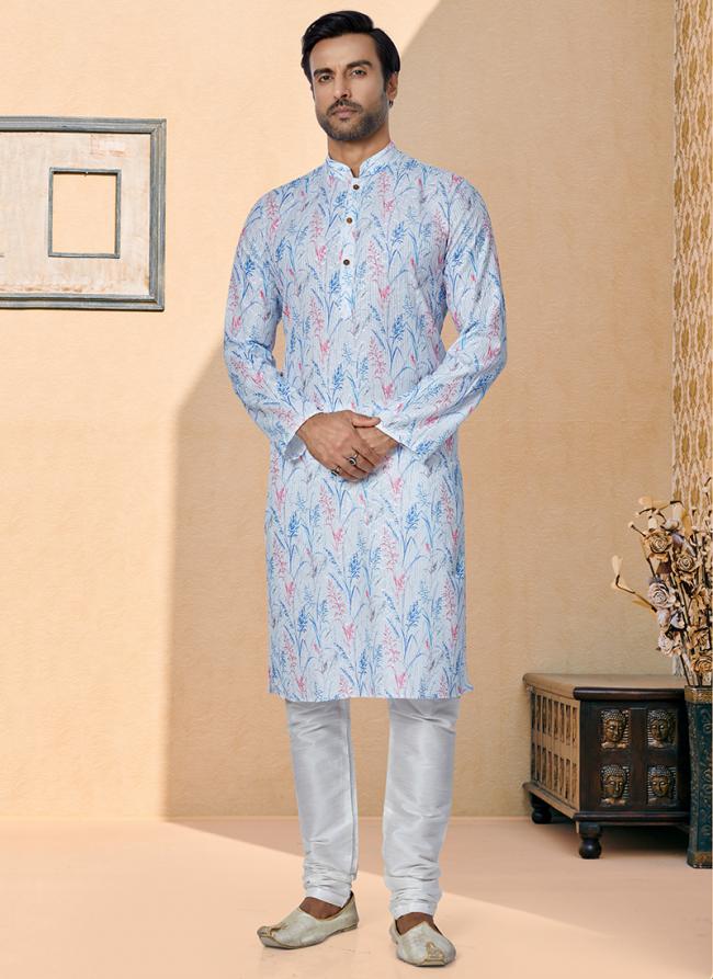 Dhupion Silk Sky Blue Festival Wear Printed Readymade Kurta Pajama